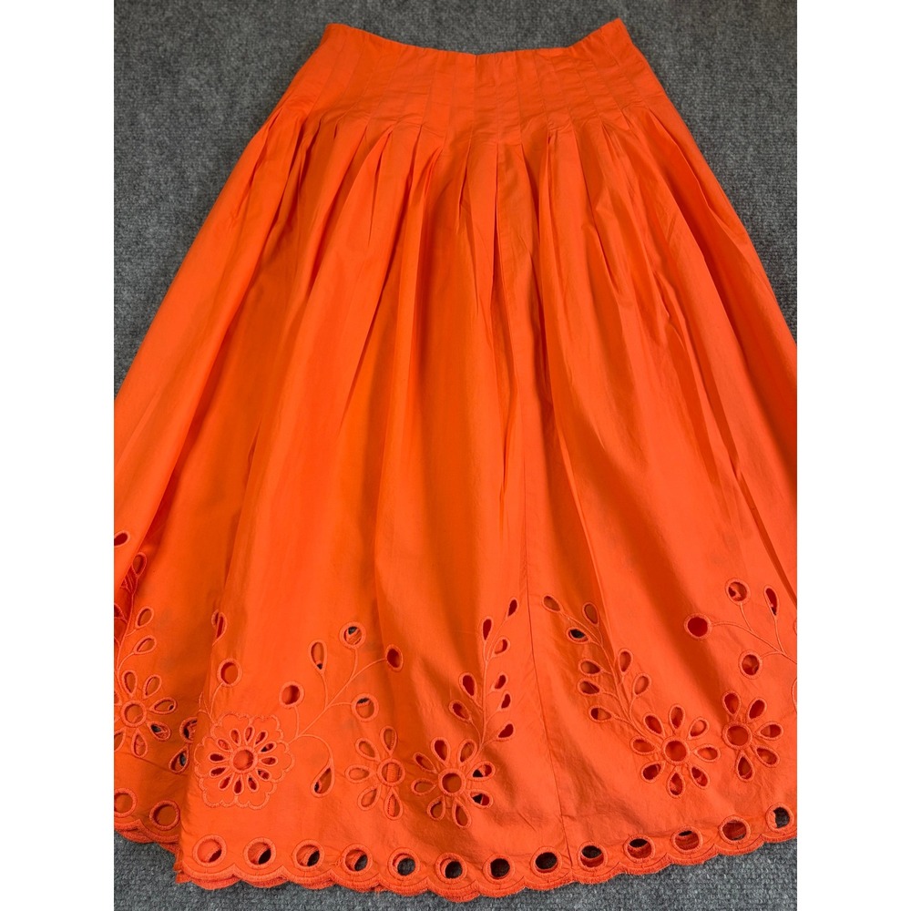 J.Crew Women's Orange Eyelet Embroidered Pleated Midi Skirt Size 0